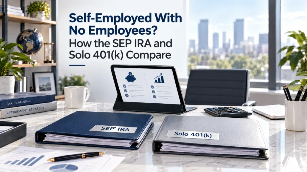 Solo 401k vs SEP IRA comparison shown with SEP IRA and Solo 401(k) binders on an office desk