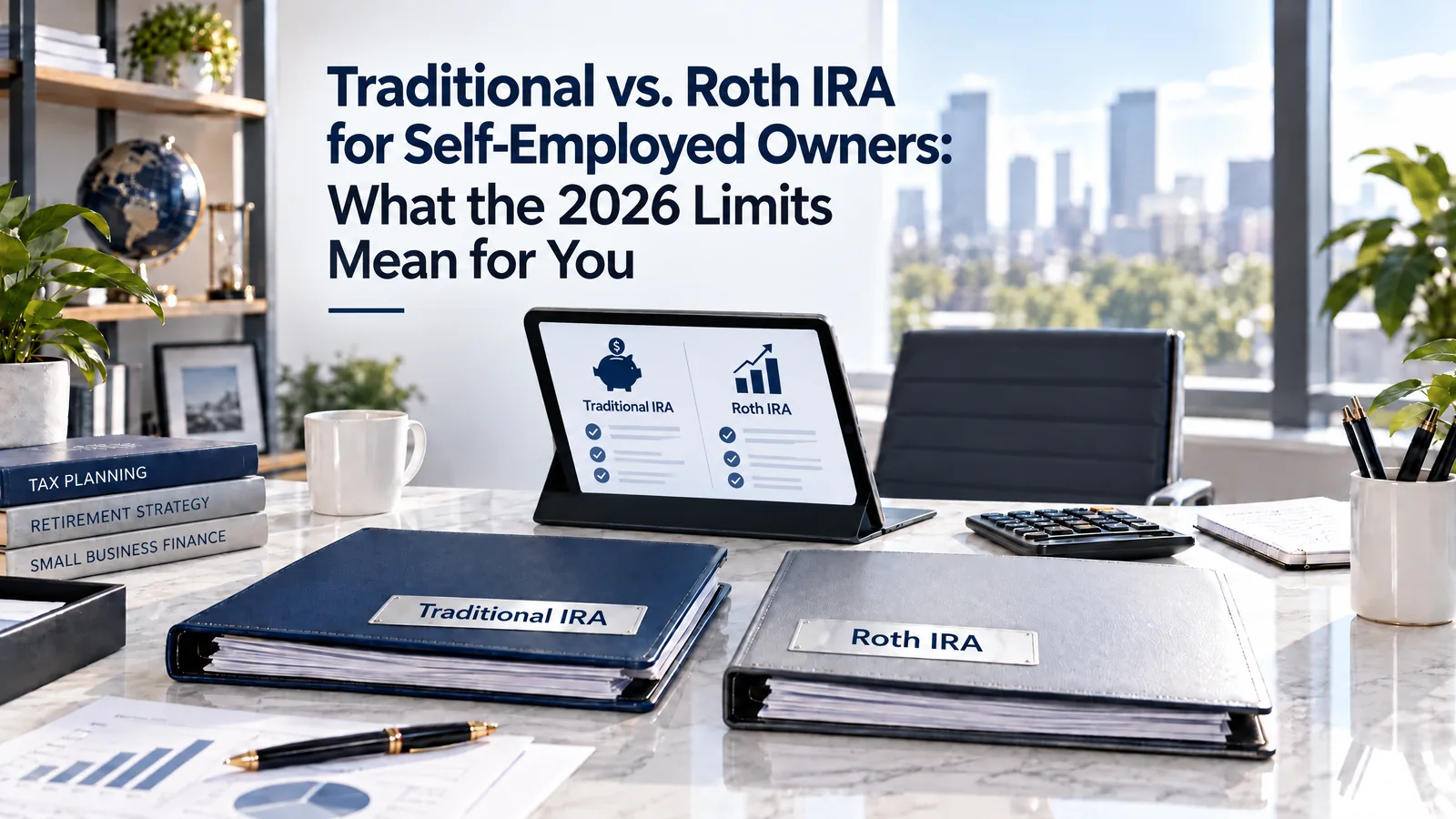 Traditional vs Roth IRA for self-employed owners shown with Traditional IRA and Roth IRA binders on an office desk